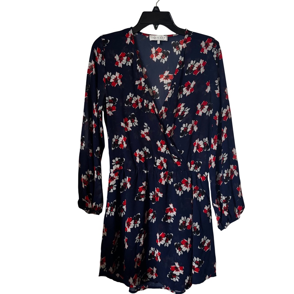 WAYF Women's Mini Dress Small Floral Wrap V-Neck Where Are You From Blue‎ Red